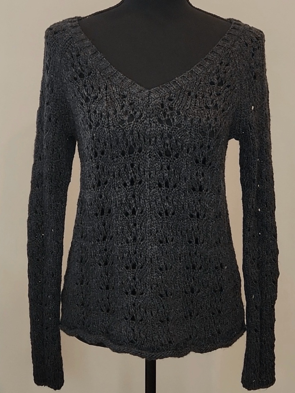 Grey V-Neck Open Knit Women's Sweater